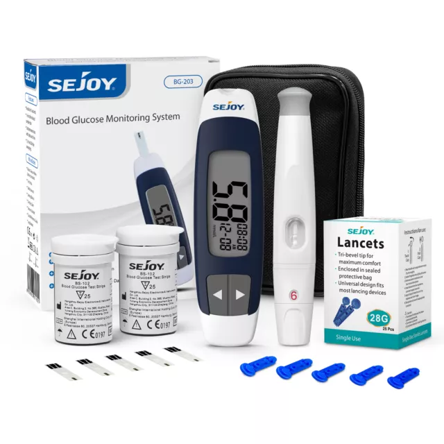 SEJOY Lecteur de glycémie Glucose Diabétique Moniteur Kit 50 Bandelettes de test