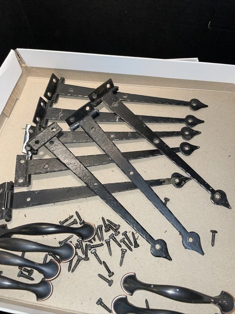 8 1950s Colonial Style Black 9" Hammered Finish Flush Strap Cabinet Door Hinges+