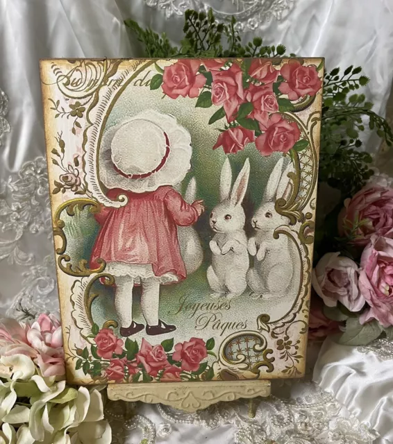 Vintage Easter Victorian Girl, Roses Bunny Rabbits Handcrafted Plaque Sign