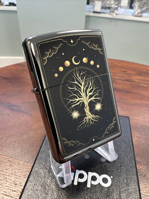 ZIPPO WINDDICHTES FEUERZEUG TREE OF LIFE MYSTIC NATURE schwarzes Eis ...