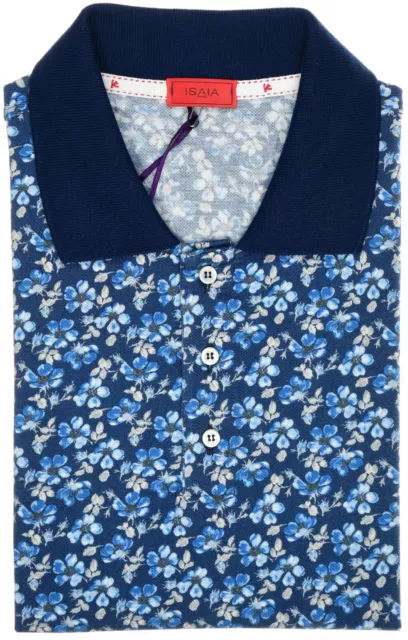 Isaia Polo Shirt Pique Size Small Blue Floral 06PL0161 $325