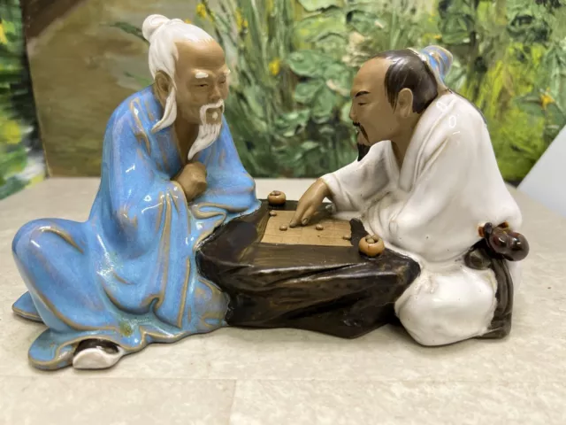 Stunning Vintage Chinese/Japanese  mud man  figurine  two men playing chess