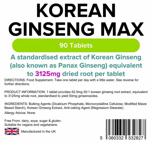 Lindens koreanischer Ginseng MAX 3125mg 90 Tabletten Energie Boost sexuelle Gesundheit Immun 3