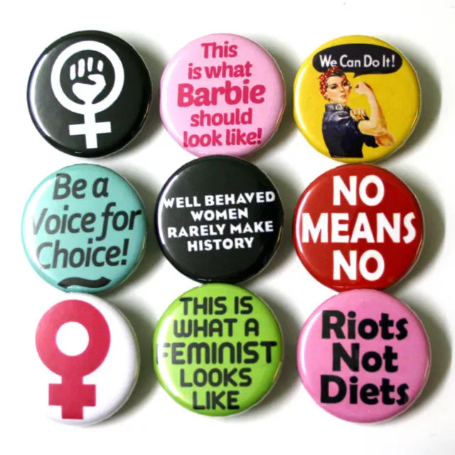 Feminist Badges Buttons Pinbacks x 9 - Size 25mm Feminism Riot Grrl Badge Lot