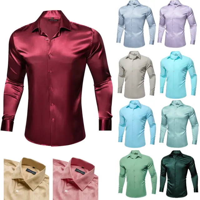 Fashion Mens Silk Shirts Solid Long Sleeve Button Down Formal Tops Business XXL