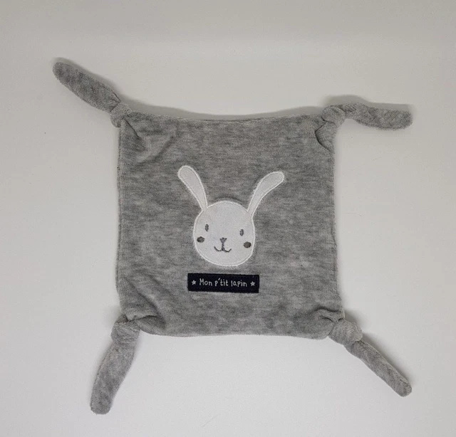 Doudou Gemo Petit Carre Plat Mouchoir Gris Mon P'tit Lapin Blanc Noeuds Neuf