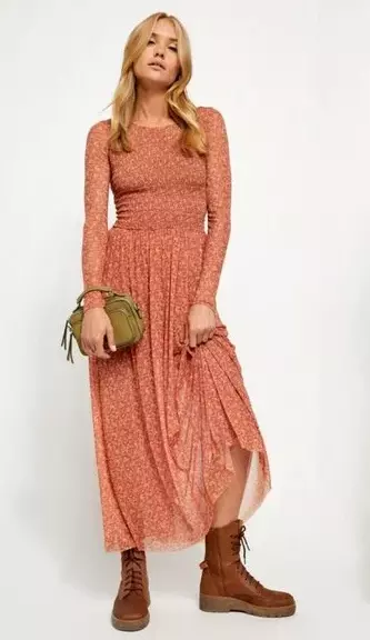 Free People Hello And Goodbye Mesh Midi Dress Size Medium Orange Floral Combo