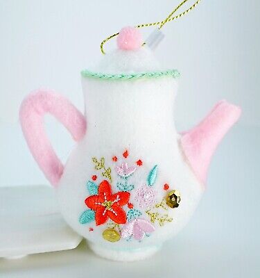 Felt Teapot Christmas Ornament Teacup Tea Time Embroidered Fuzzy Fabric Cup New