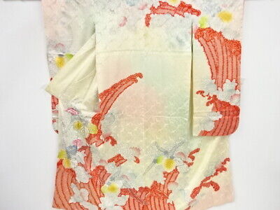 72679# Japanese Kimono / Antique Furisode / Embroidery / Paulownia & Kiku Wi