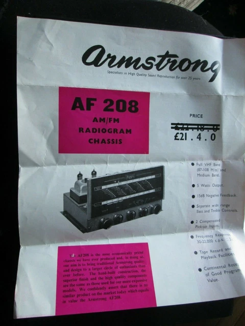 ARMSTRONG AF 208 AM/FM Radiogram Chassis specs/details leaflet £1.75 ...