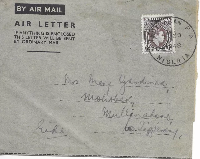 Nigeria Air Letter Aerogramme IKOT BAKAN P.A. 8 NO 1948 with 6p KGV to Ireland