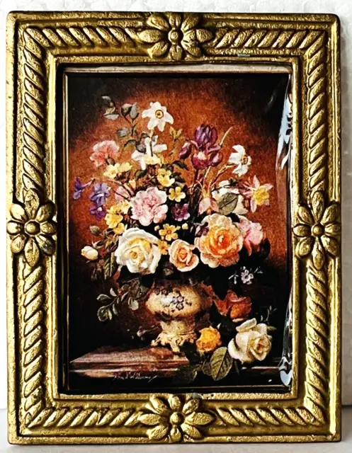 Miniature Dollhouse Floral Art Picture in Brass Frame Pink Roses 2.25” x 1.75”