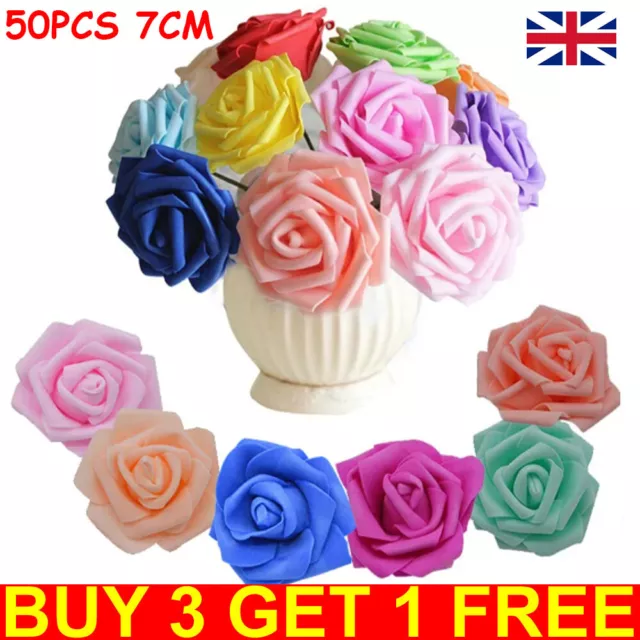 50Pcs Large 7CM Artificial Flowers Foam Rose Heads Bouque Wedding Party Decor UK