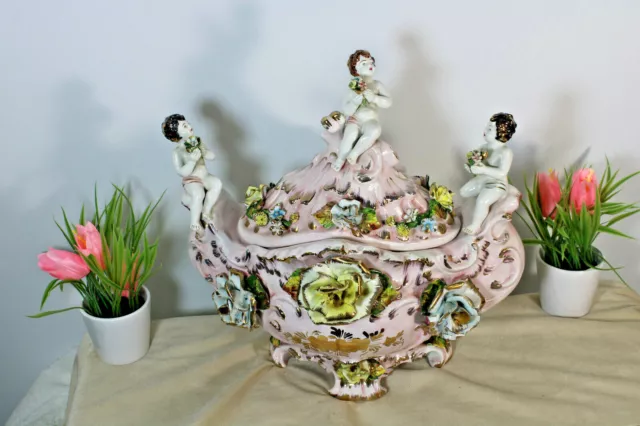 Vintage italian capodimonte marked faience XL centerpiece putti