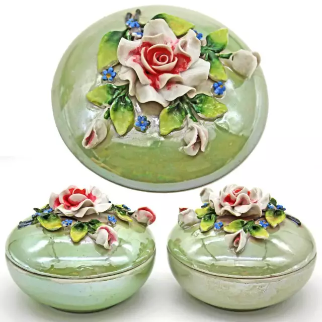 Vintage Pink Rose Barbotine Majolica Porcelain Dresser Trinket Jars Cottagecore