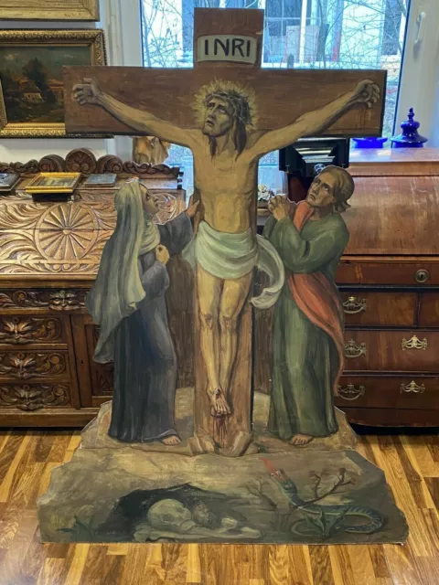 ANTIKE ALTARTAFEL UM 1940 JESUS AM KREUZ HOLZ HANDBEMALT 123x164cm