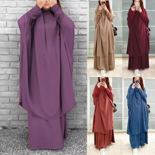 2pcs Islamic Khimar Jilbab Set Muslim Women Hijab Abaya Prayer Dress Kaftan Gown
