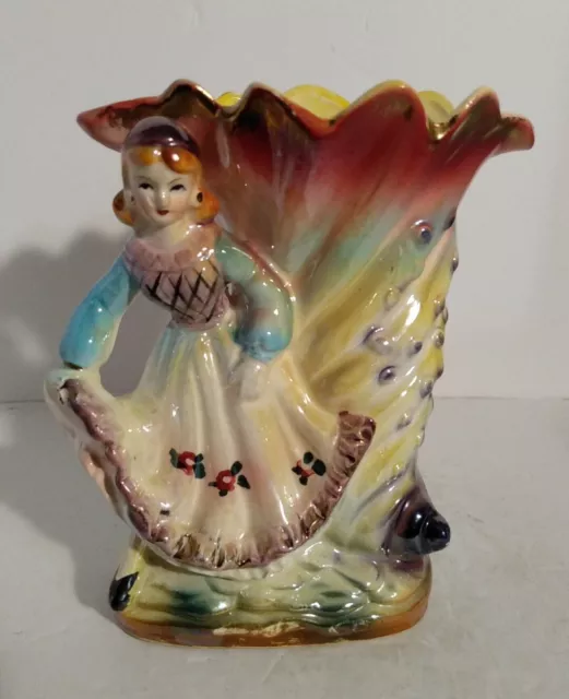 Vintage Lusterware Ceramic Gypsy Girl Dancer Hand Painted 6.5" Tall Vase Planter