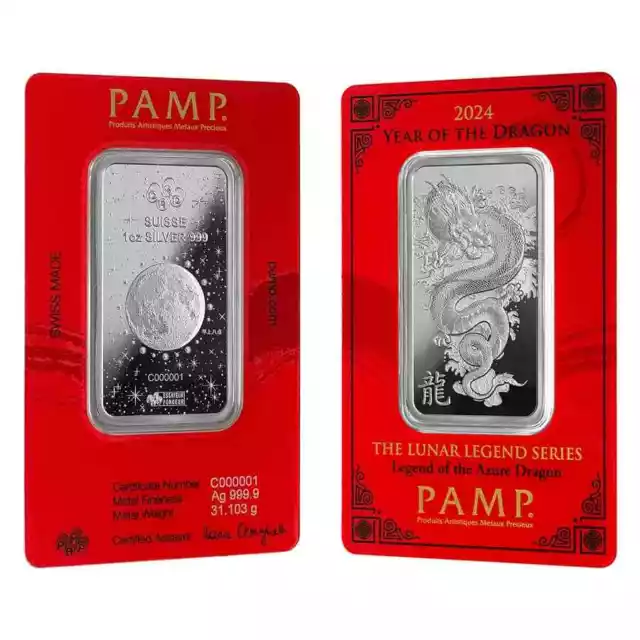 2024 1 oz PAMP Suisse Lunar Dragon Silver Bar (In Assay)