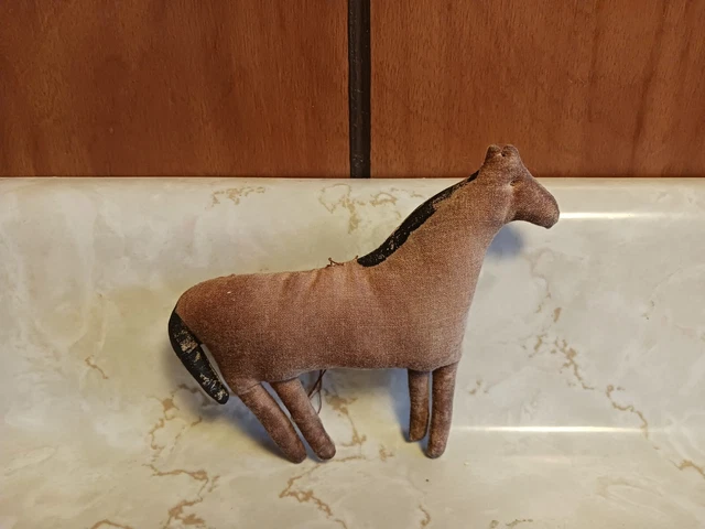 Antique 19th Century Primitive Folk Art Stuffed Horse Toy, Hand Painted & Sewn