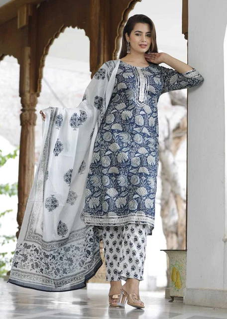 Cotton Salwar kameez Kurti set Blue tunic Summer Dress Indian Kurta Punjabi suit