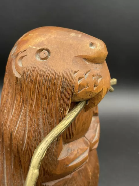 Mid-20Th C Sarreid Ltd (Spain) Vintage Carved Wood Beaver With  Brass Branch