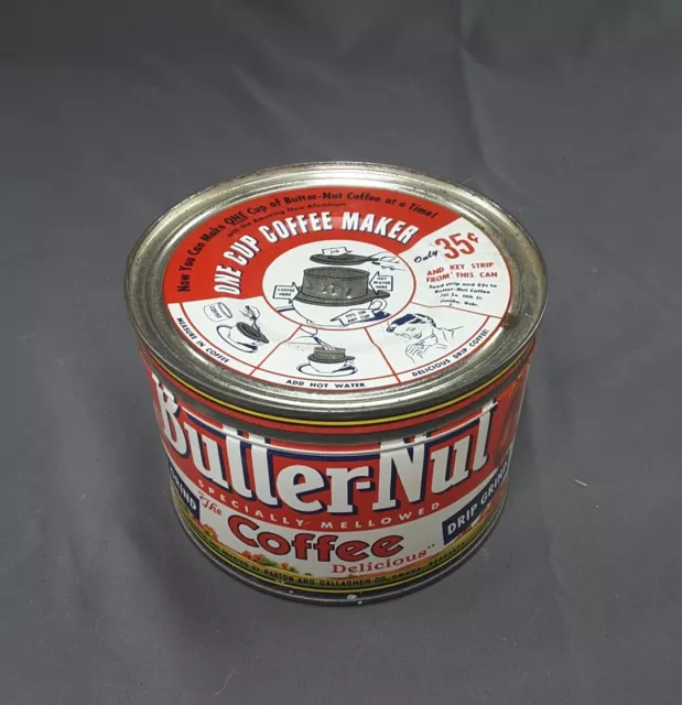 BUTTER-NUT COFFEE Tin Can 1 lb Drip Grind w/ one cup coffee maker advertising