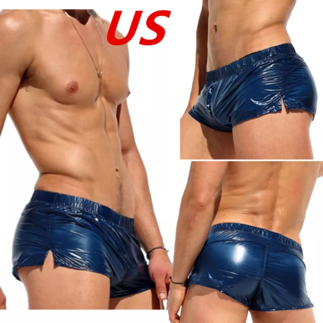 US Men Shiny Metallic Boxer Shorts Glossy Swimwear Low Rise Trunks Rave Clubwear