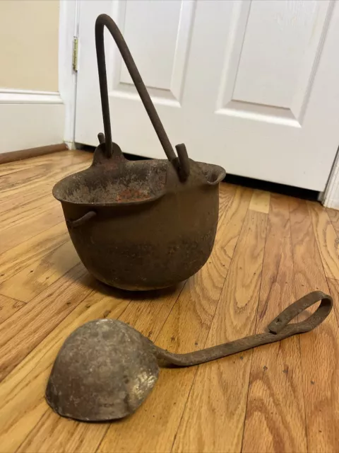 Antique Hanging Cast Iron Cauldron Ladle 7x9” Halloween Witch Hocus Pocus Cowboy