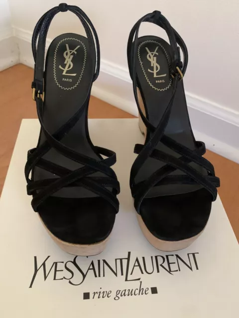 YSL Yves Saint Laurent Rive Gauche High Heel Bora Sandal Black Wood Platform 40