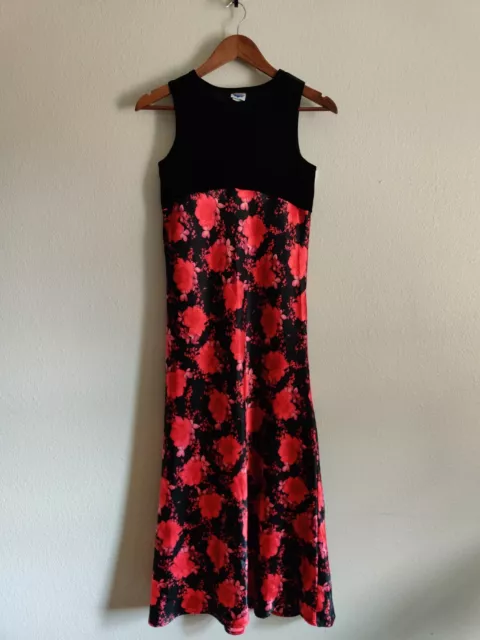 Vintage Bias Cut Black Floral Empire Waist Sleeveless Slinky Maxi Dress 90s Y2k