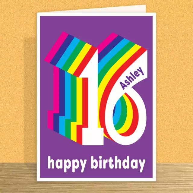 Personalised 16th happy birthday card for boy for girl edit name 16 bday rainbow