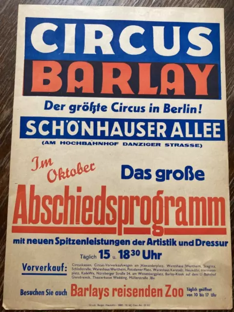 Werbung Plakat CIRCUS BARLAY Oktober 1946 Berlin TOP Zirkus Beigat Zoo Artistik