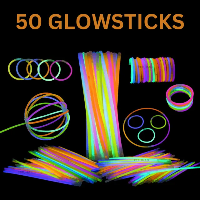 50/100 8" Glow Sticks Bracelets Necklaces Party Favors Neon Color +Connector