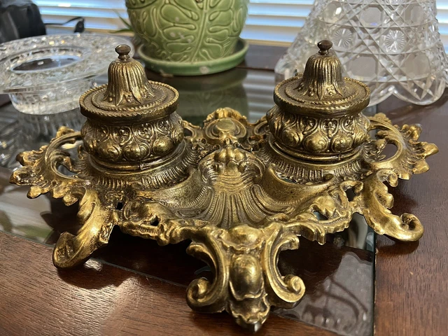 Vintage Victorian Bratt & Sons Ornate Dual Brass Desk Inkwell Stamped w/ Inserts