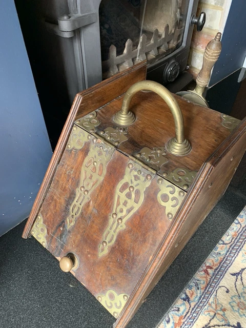Antique Wooden Coal Scuttle With Metal Fittings And Shovel- Needs Restoration