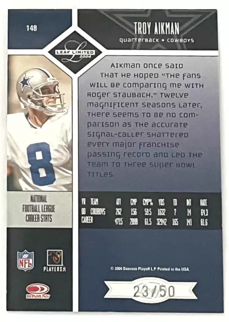 2004 Leaf Limited Silver Spotlight #148 Troy Aikman Dallas Cowboys /50 2