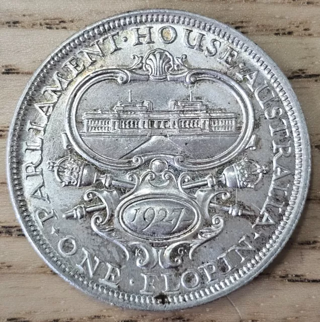 Australian 1927 KGV Sterling Silver Parliament House One Florin Coin