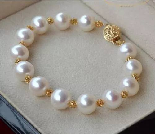 7.5-8"Beautiful AAA real natural south sea white baroque pearl bracelet 14K Gold
