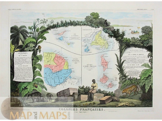 Caraïbes, Guyane, Miquelon, îles Saint-Martin. Carte ancienne Levasseur 1861