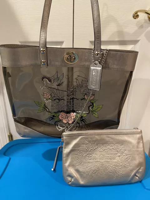 COACH CLEAR TRANSPARENT Tattoo Bag Tote W/ Pouch Wristlet Rare Euc $199.99  - PicClick