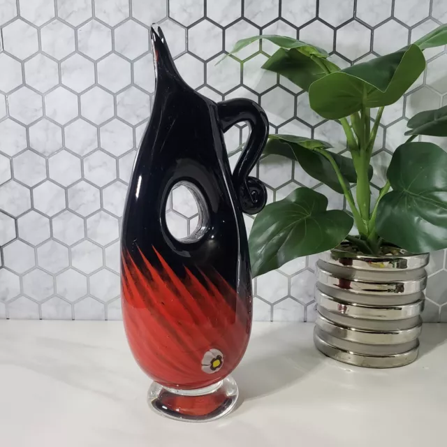 MCM Millefiori Hand Blown Art Glass Vase with Handle Red and Black