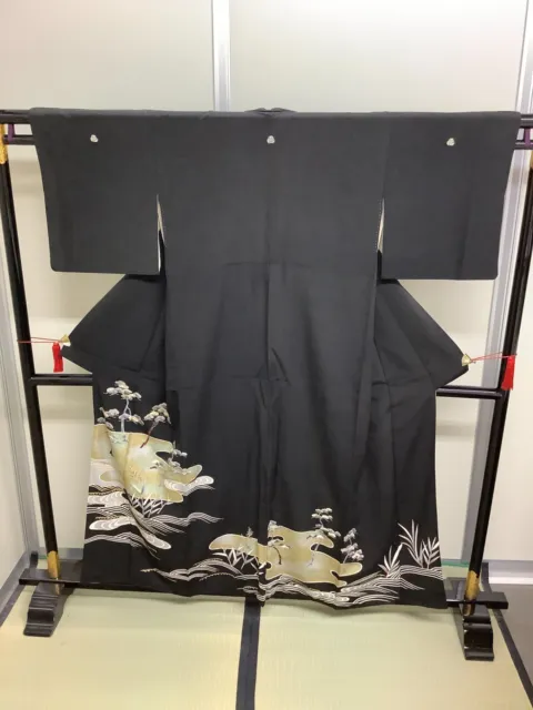 Japanese Vintage Kimono silk Tomesode black family crest expensive Height 62inch
