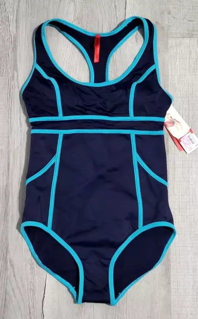 Spanx Hourglass racerback one-piece swimsuit women sz 6 navy blue / turquoise