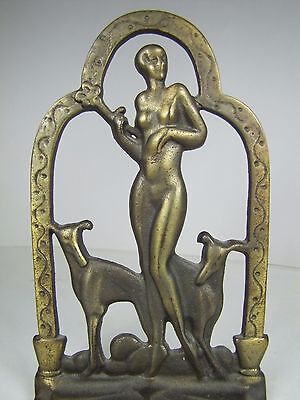 Orig Old Art Deco Nude Beauty Greyhounds Decorative Art Bookend Cast Iron BrassW 3