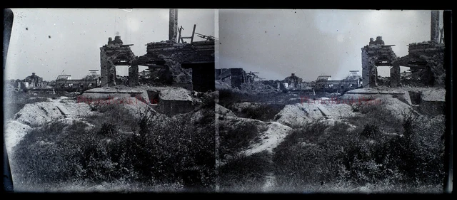 Maisons en ruines Photo Plaque Amateur c1930 NEGATIVE Stereo Vintage PL28L8n2