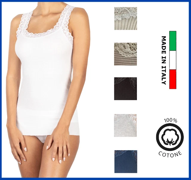 Canotta Intima Donna In Cotone Mak&ograve; - Scollo A V Con Pizzo, Spalla Stretta, Made In Italy