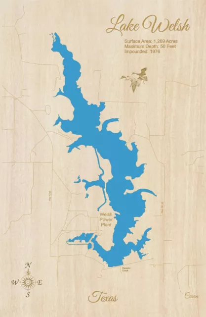 Lake Welsh, Texas - laser cut wood map | Wall Art | Made to Order