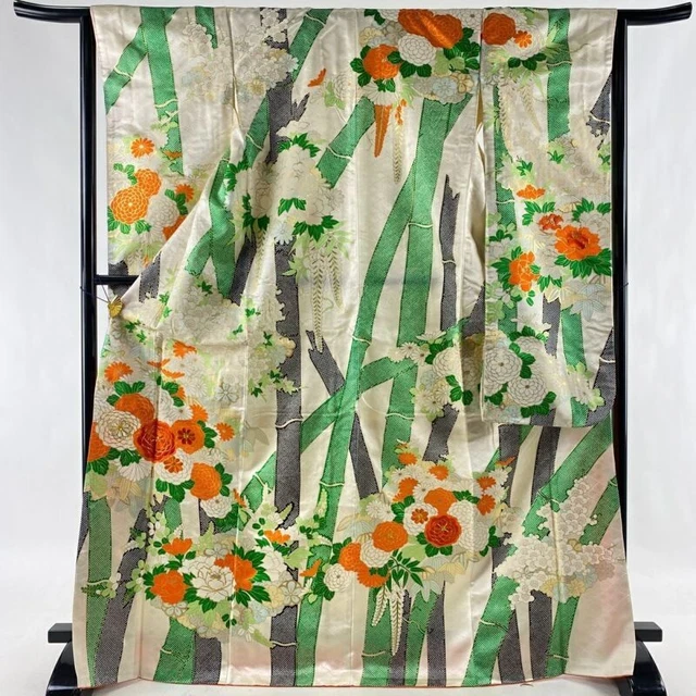 Japanese Kimono Furisode Pure Silk Chrysanthemum Bamboo Gold Thread Gold Paint