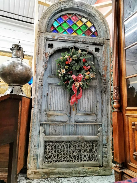 A Beautiful Large Early 19Th Century Carved Arched Door Shekhawati
